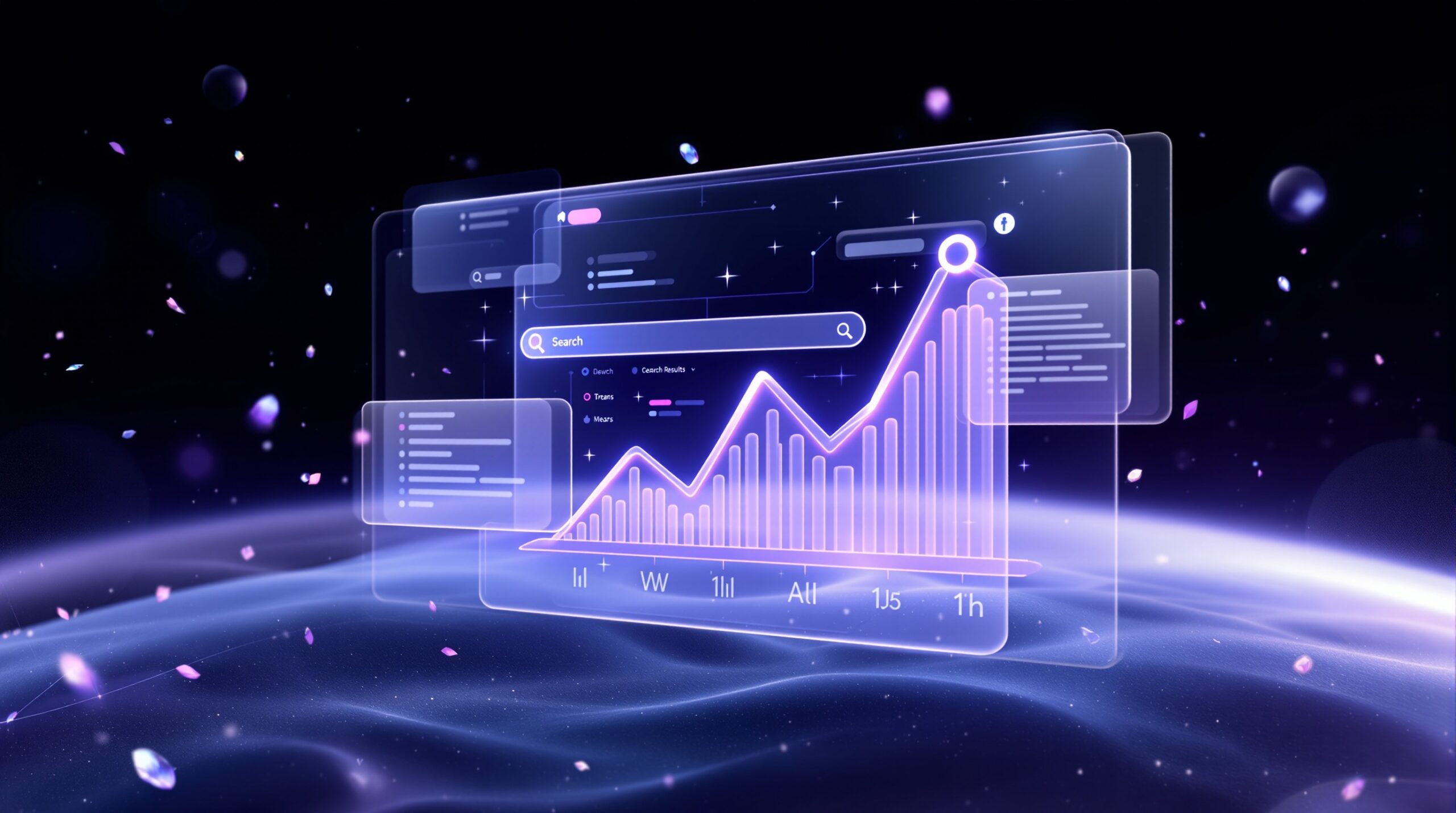 어두운 배경에 유리 패널 형태로 표현된 검색엔진 결과 페이지와 데이터 그래프가 보이며, 그 위로 돋보기 아이콘이 떠 있는 모습.