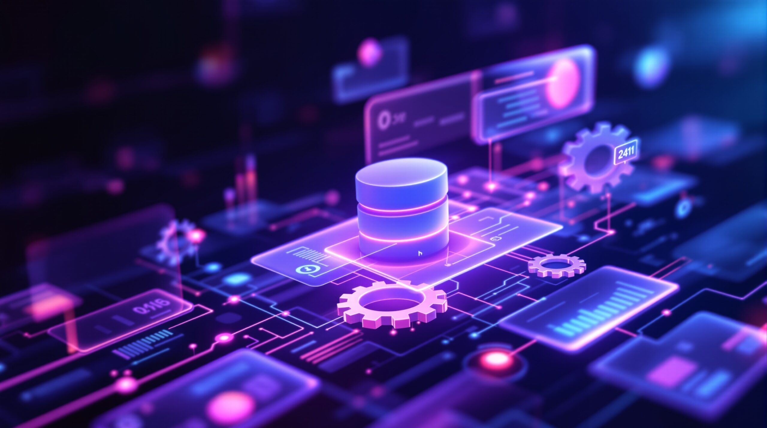 어두운 배경에 유리 질감의 데이터베이스 아이콘과 상호 연결된 테이블, 데이터 흐름선이 떠다니며 데이터베이스 스키마의 구조적 중요성을 시각적으로 표현한 이미지.