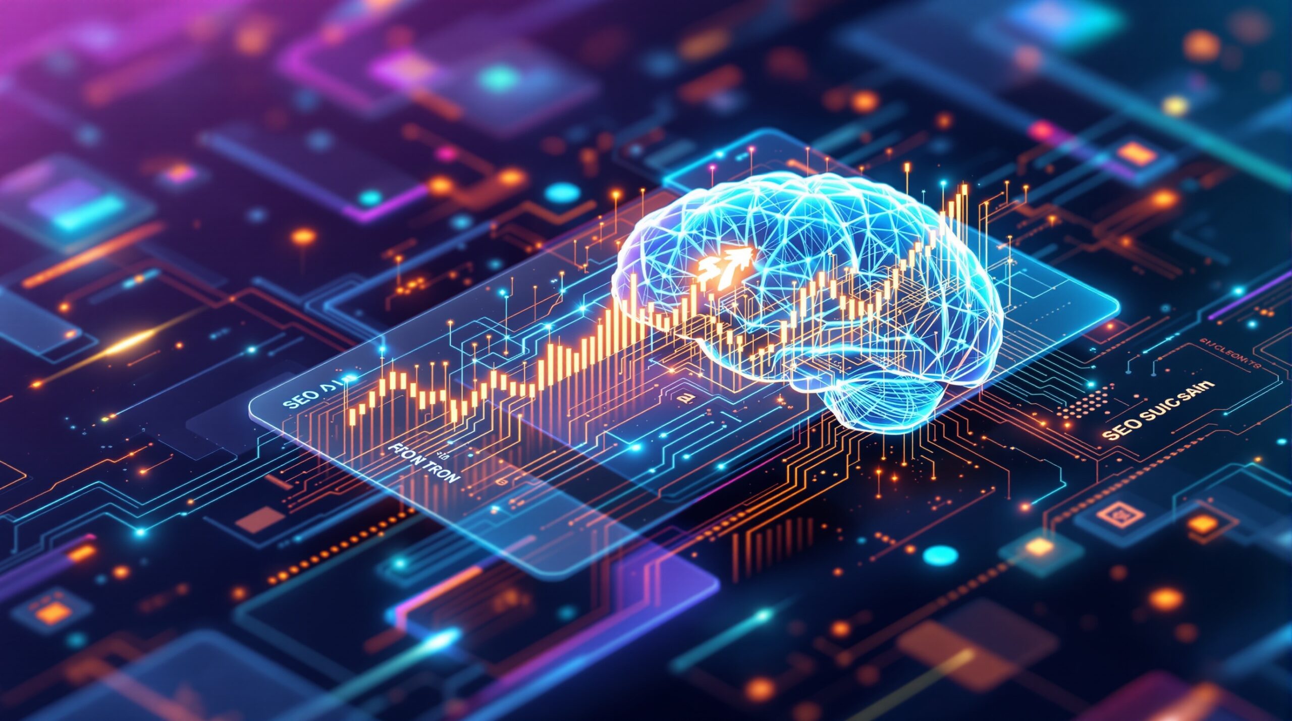 AI 기술을 상징하는 추상적인 회로와 인간의 사고를 표현하는 빛나는 뇌 이미지가 유기적으로 연결되어 시너지를 이루는 모습