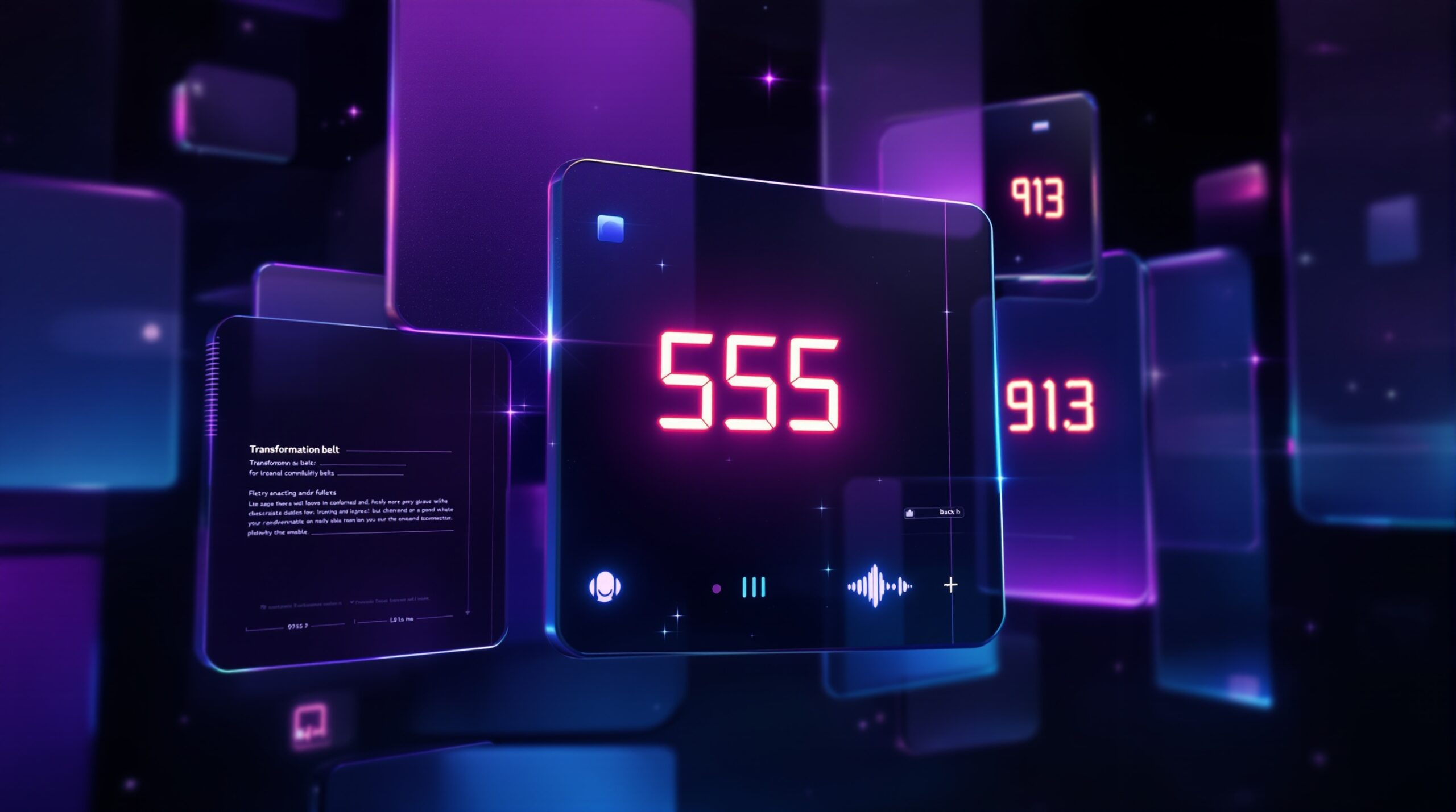 어두운 배경에 유리 질감의 파이즈, 카이저, 델타 변신 벨트와 가면라이더 555 변신 코드를 상징하는 숫자 555, 913, 음성 인식 아이콘이 보랏빛과 푸른빛으로 빛나며 떠다니는 모습.