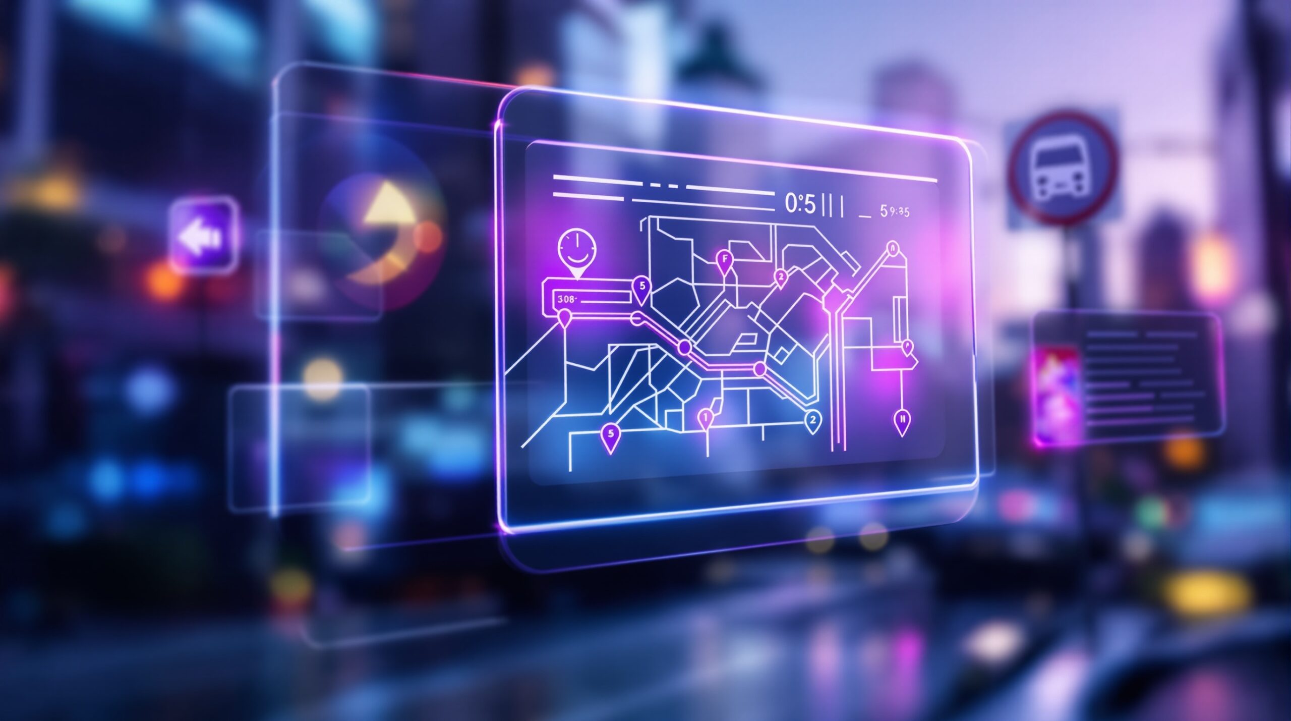 어두운 배경에 유리 질감의 통영 978번 버스 아이콘, 빛나는 노선 지도, 버스 정류장 표지판이 보라색과 파란색 그라데이션과 함께 떠다니는 모습