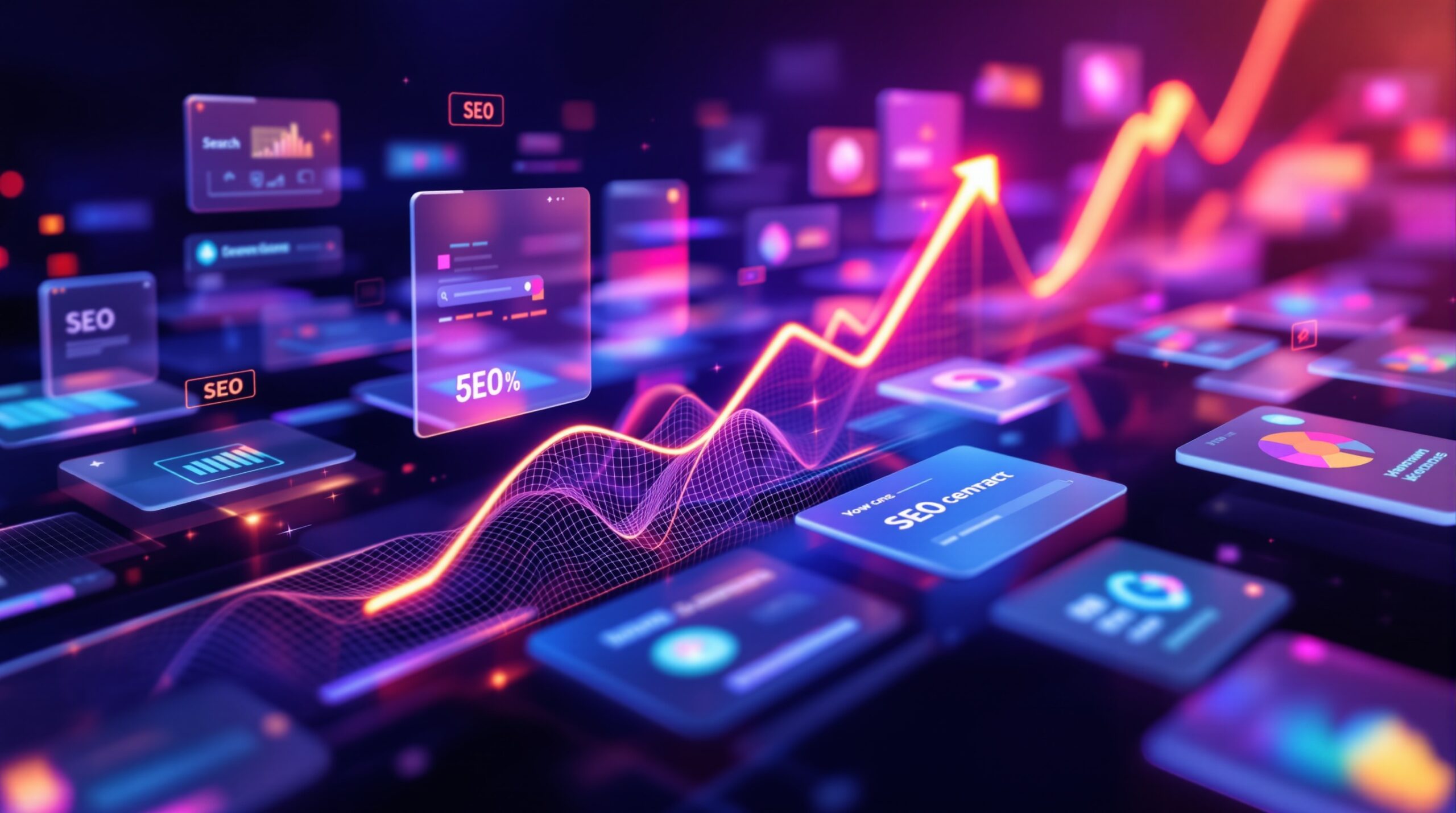 웹사이트의 검색 엔진 최적화 과정을 시각적으로 표현한 이미지. 포커스 키워드를 분석하고 성장하는 그래프와 돋보기 아이콘이 인상적이다.