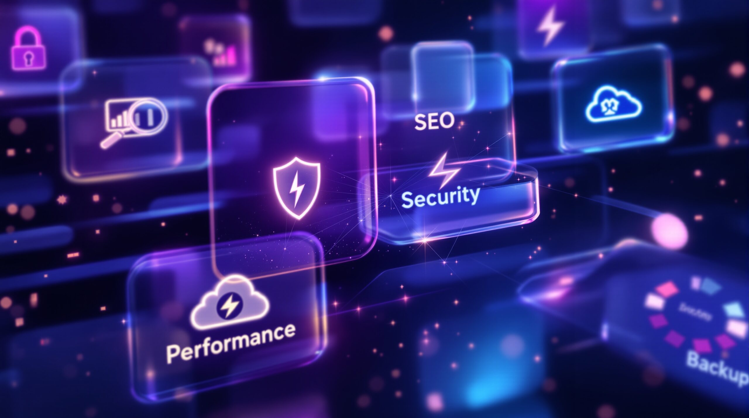 어두운 배경 위로 투명한 유리 패널들이 떠다니며, SEO, 보안, 성능, 백업 관련 아이콘들이 보랏빛과 푸른빛으로 빛나는 모습.