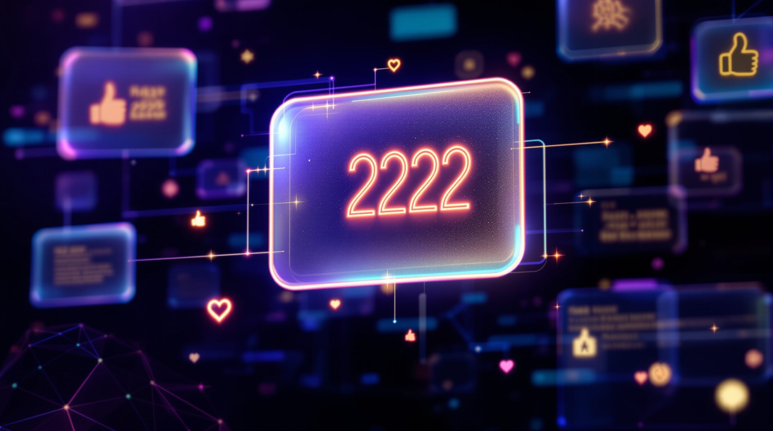 어두운 배경에 유리 질감의 채팅창이 떠 있고, 그 안에 '222' 숫자가 빛나며 여러 공감 이모티콘과 연결된 모습을 묘사하는 이미지.