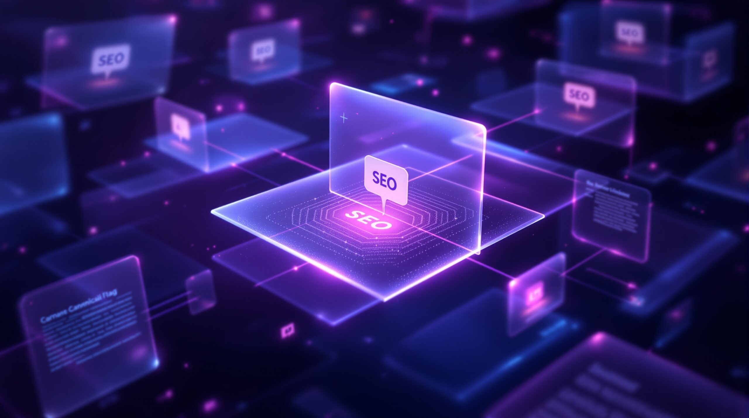 중앙에 캐노니컬 태그 아이콘이 빛나는 웹사이트 페이지 연결망과 집중되는 링크 주스를 표현한 이미지.