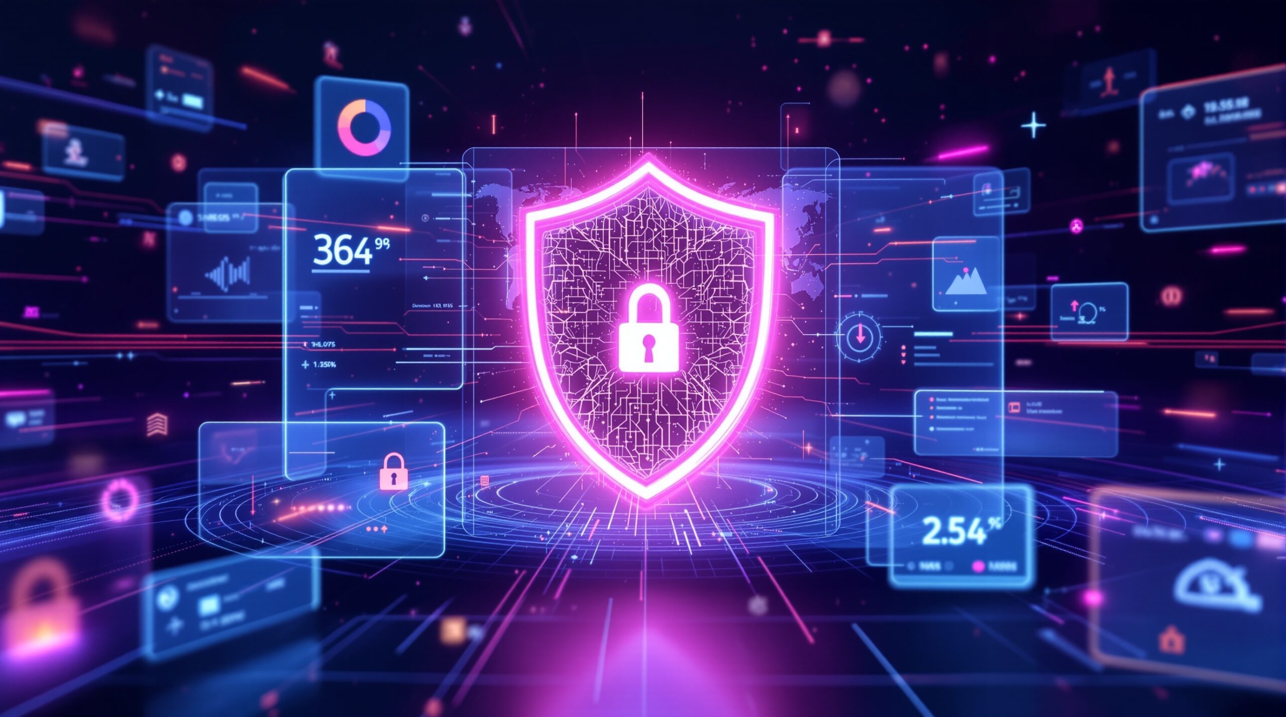 어두운 배경에 보라색과 파란색 그라데이션이 적용된 유리 패널들이 떠다니는 모습. 중앙에는 1.1.1.1 with WARP가 제공하는 보안을 상징하는 보호막과 빠르게 흐르는 데이터, 그리고 전 세계 네트워크를 나타내는 지구본 윤곽이 보인다.