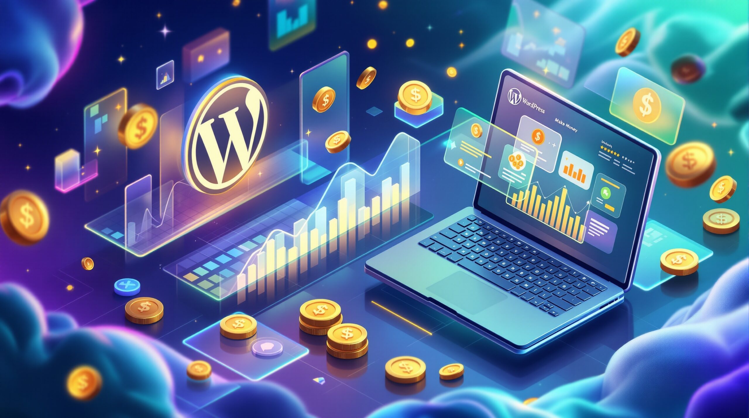 워드프레스 로고와 성장 그래프, 그리고 돈을 상징하는 요소들이 어우러진 이미지는 워드프레스로 돈 버는 다양한 방법을 시각적으로 보여줍니다.