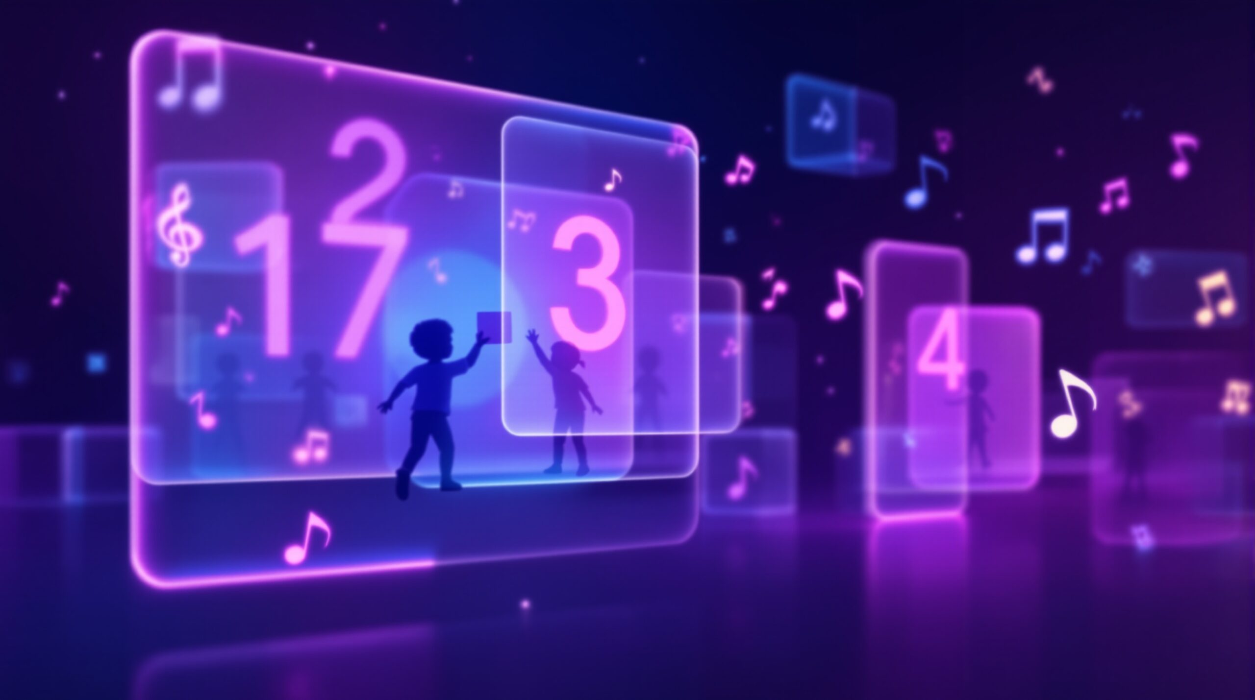 숫자 세기 노래를 들으며 즐겁게 학습하는 아이들과 다양한 숫자, 음표가 어우러진 추상적인 교육 이미지