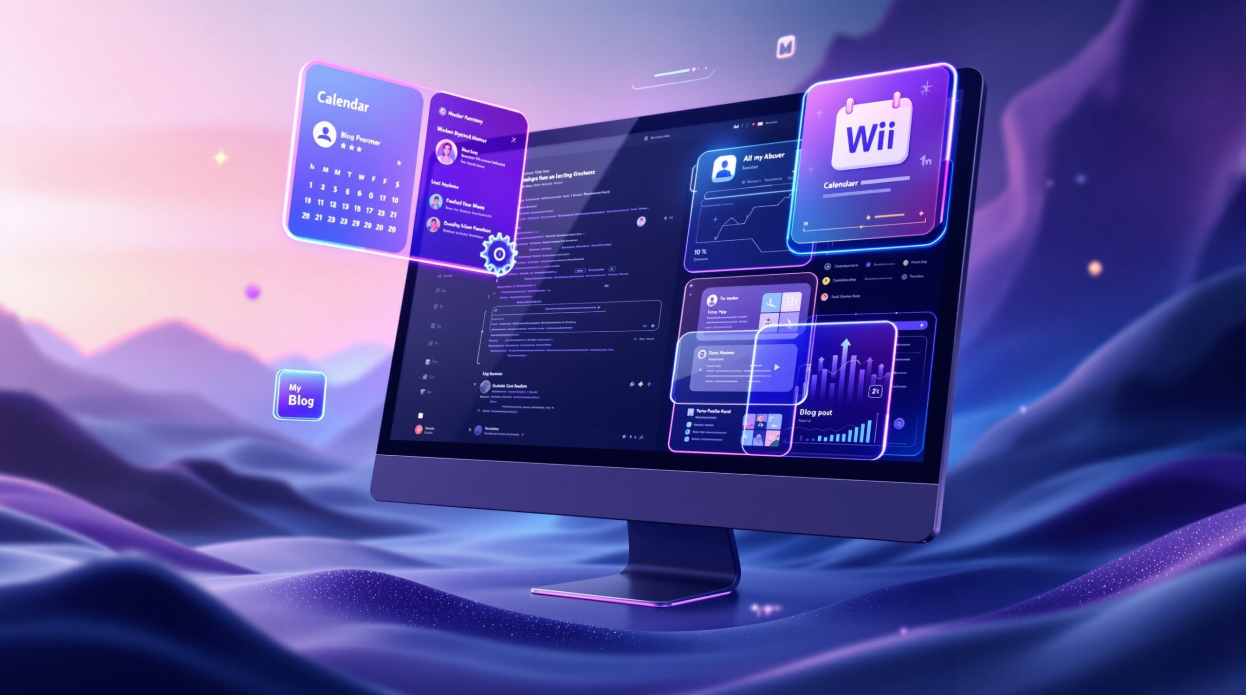 워드프레스 포스팅 예약 과정을 상징하는 달력과 톱니바퀴, 그리고 블로그 아이콘이 디지털 화면 위에 떠 있는 모습. 어둡고 투명한 유리 질감의 추상적인 배경.