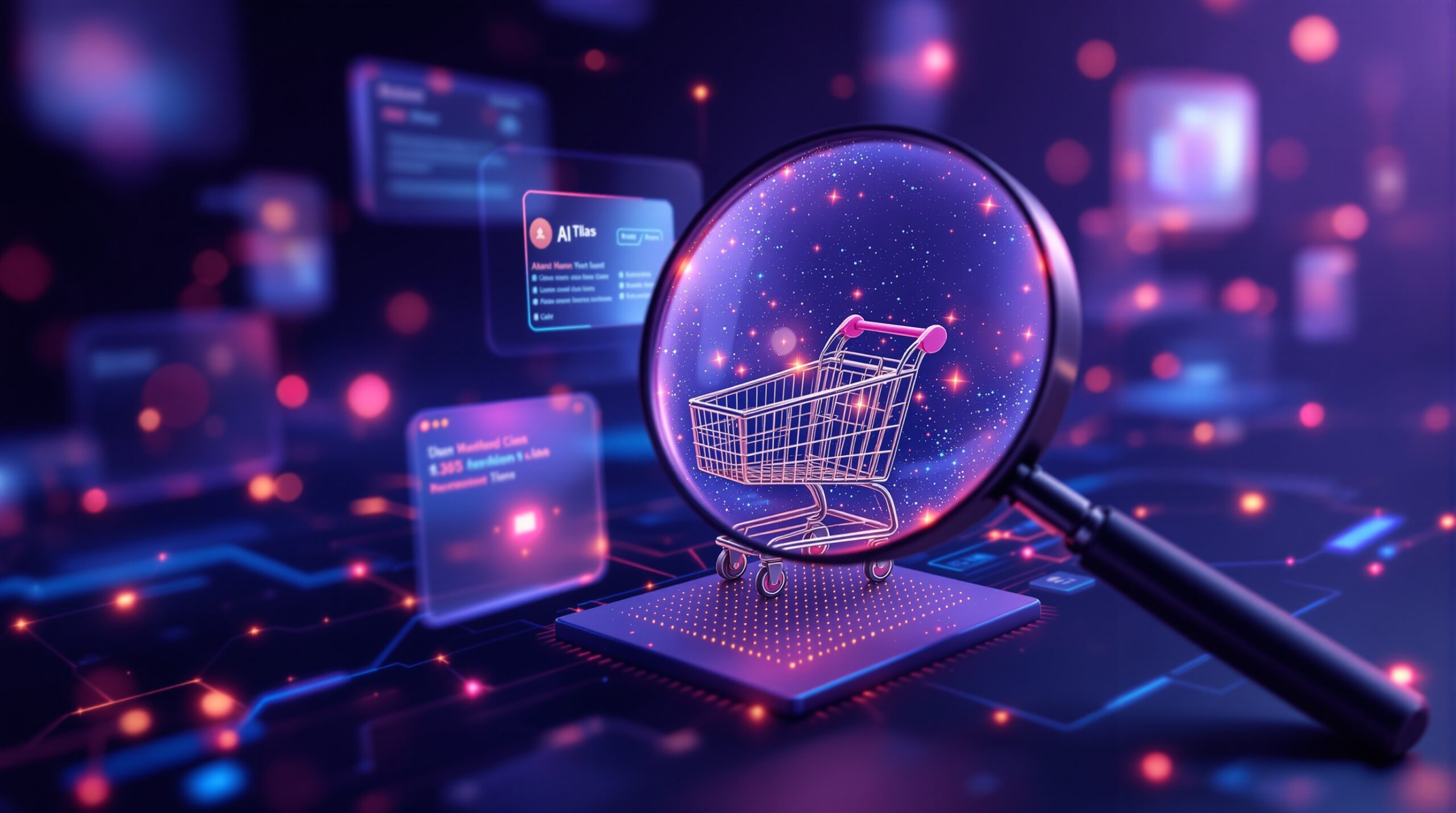 어두운 배경에 빛나는 돋보기와 쇼핑 카트, AI 칩이 연결된 이미지. 자동 카테고리 매칭 기술을 상징합니다.