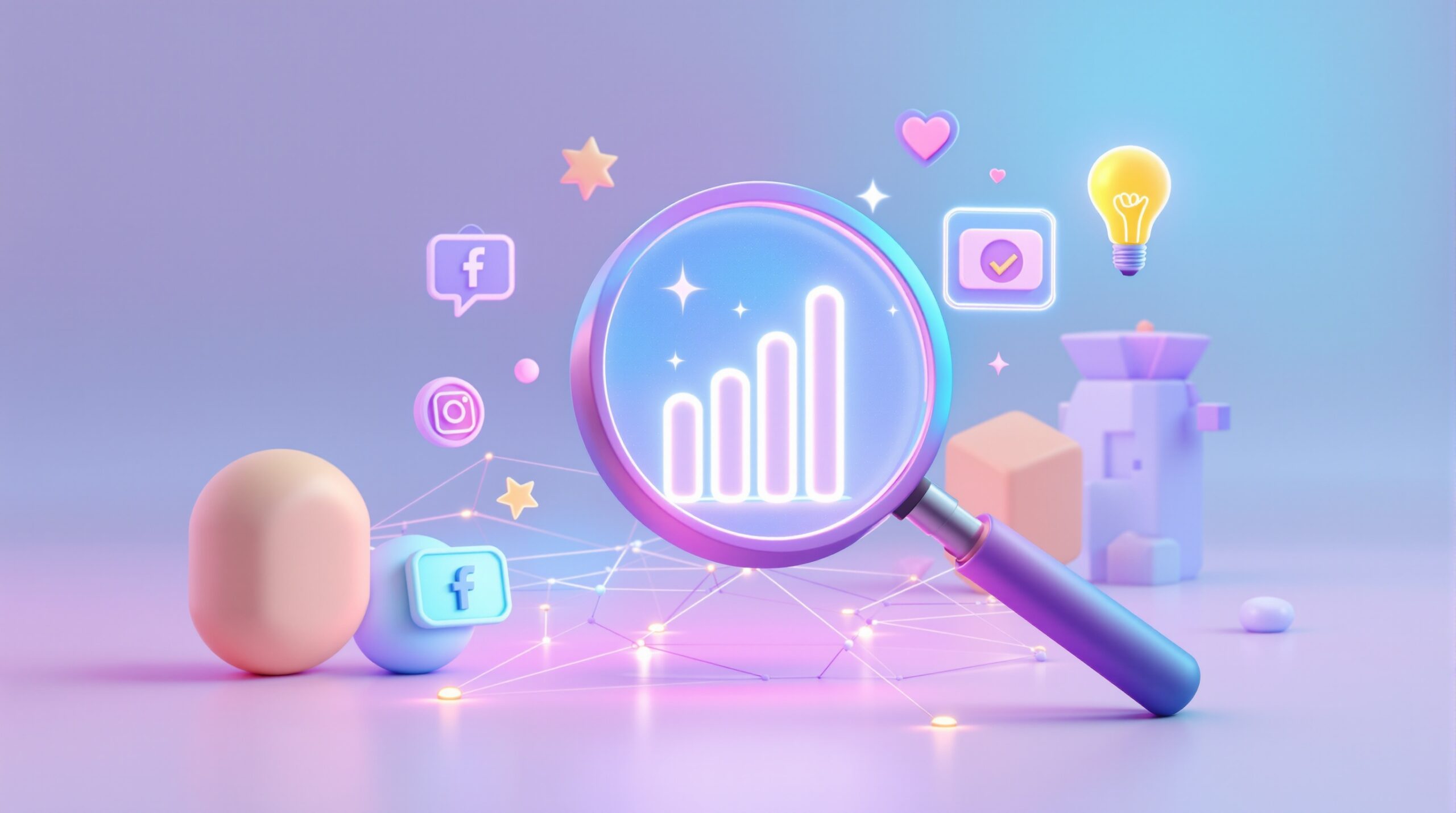 어두운 배경 위로 투명한 유리 패널에 웹 마케팅 전략을 상징하는 돋보기, 데이터 그래프, 소셜 미디어 아이콘이 떠 있는 모습