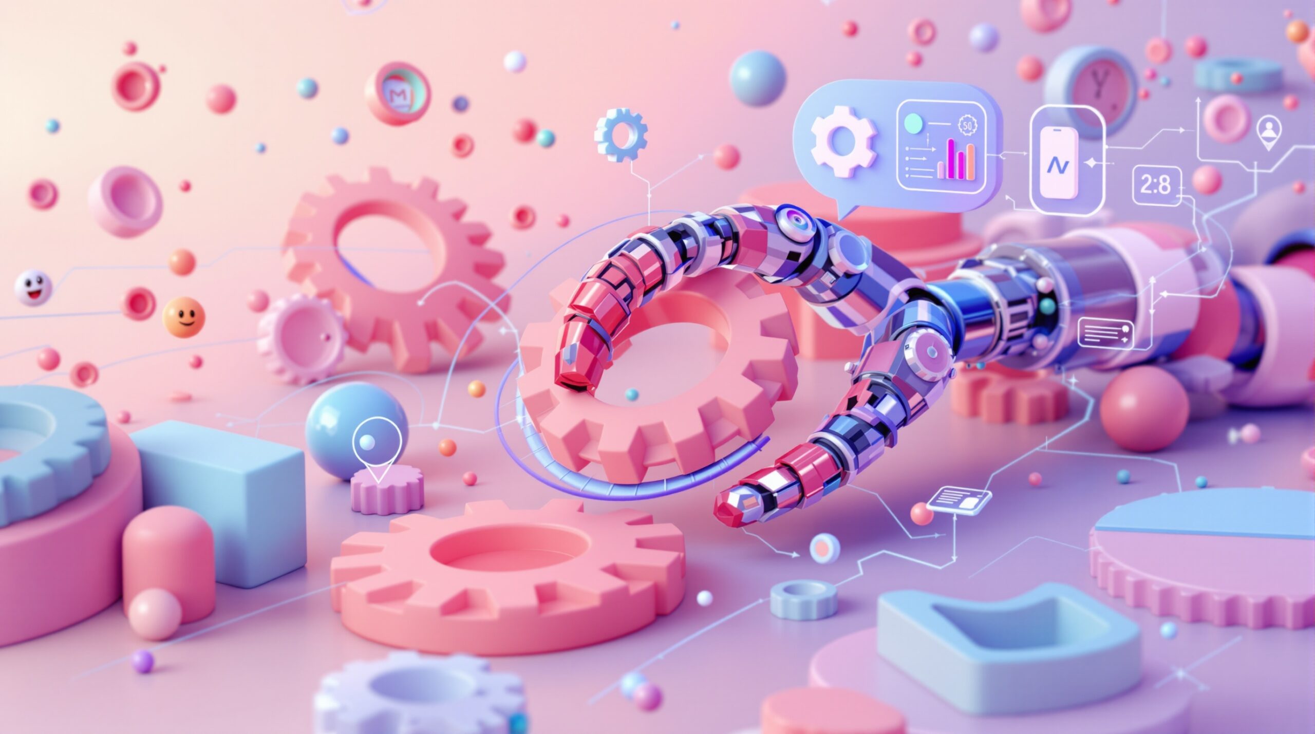 코딩 없이 워크플로우 자동화를 나타내는 연결된 톱니바퀴, 데이터 흐름, 추상적인 로봇 팔과 떠다니는 UI 요소들이 어우러진 다크 모드 글래스모피즘 이미지