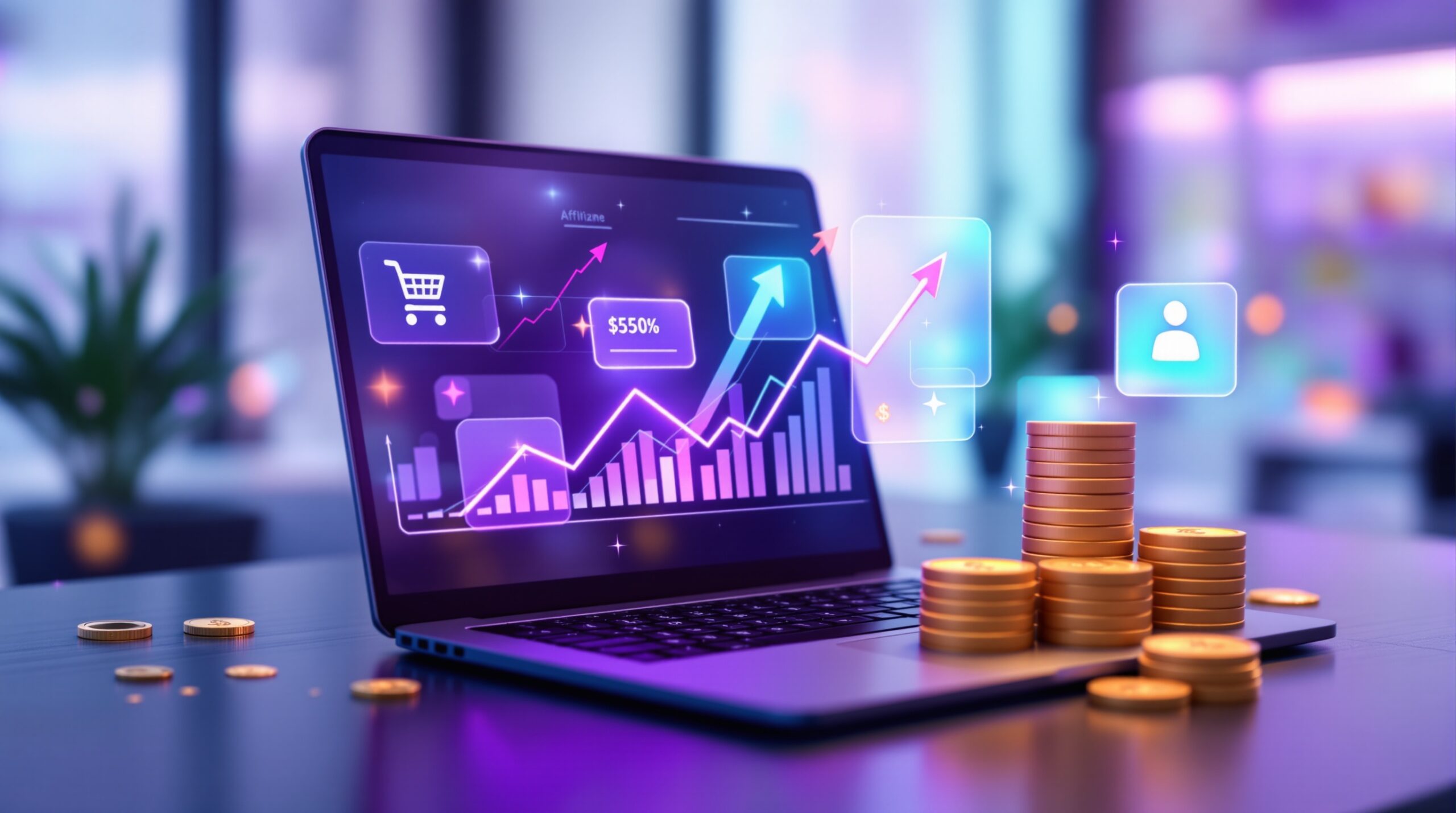 노트북 화면에 수익 그래프와 돈이 표시되고 주변에 동전이 놓인 모습으로 워드프레스로 돈 버는 방법을 시각화한 이미지.