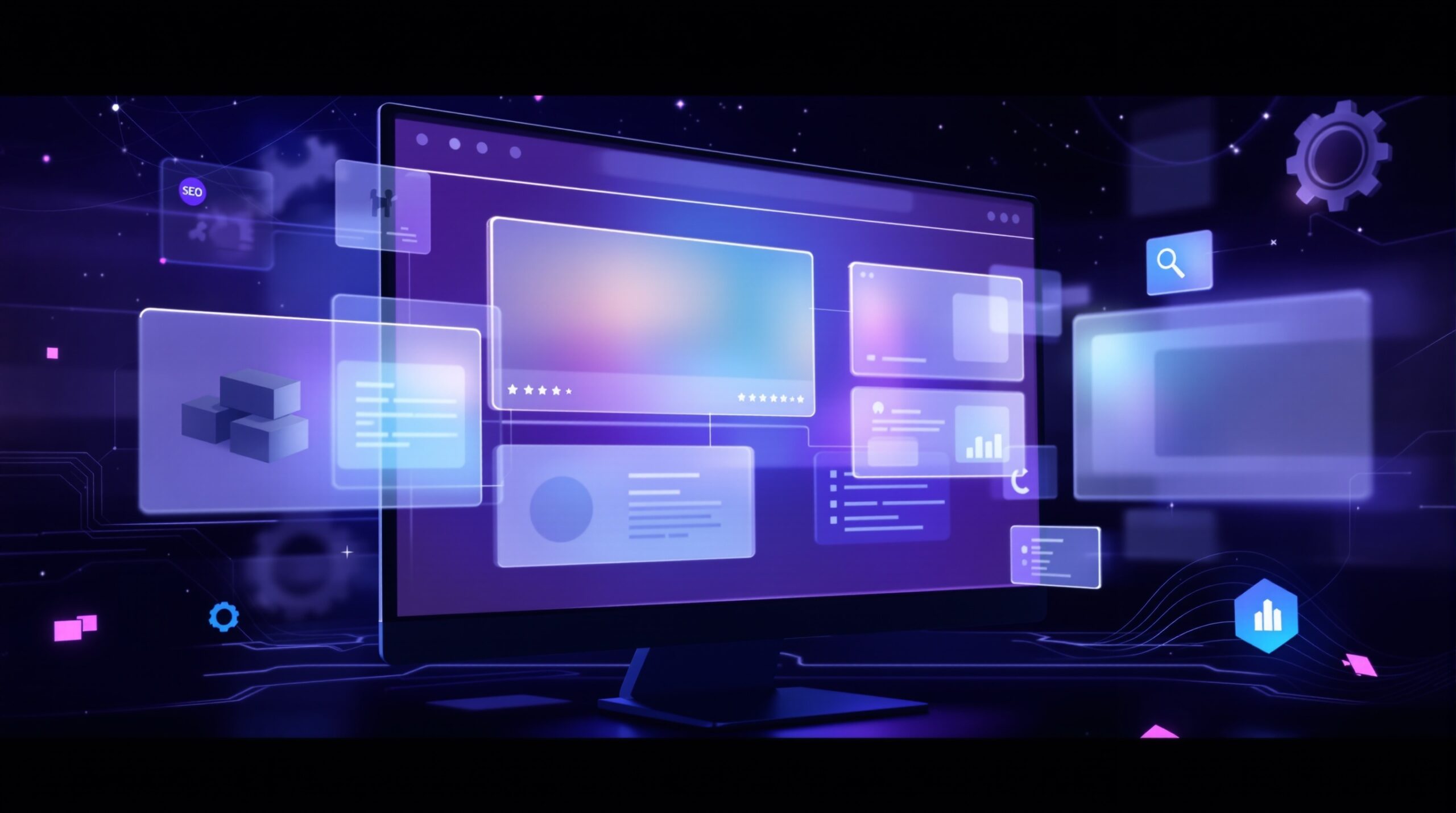 워드프레스 웹사이트 구축 과정을 보여주는 컴퓨터 화면. 플러그인과 테마를 상징하는 다양한 아이콘들이 떠다니는 모습.