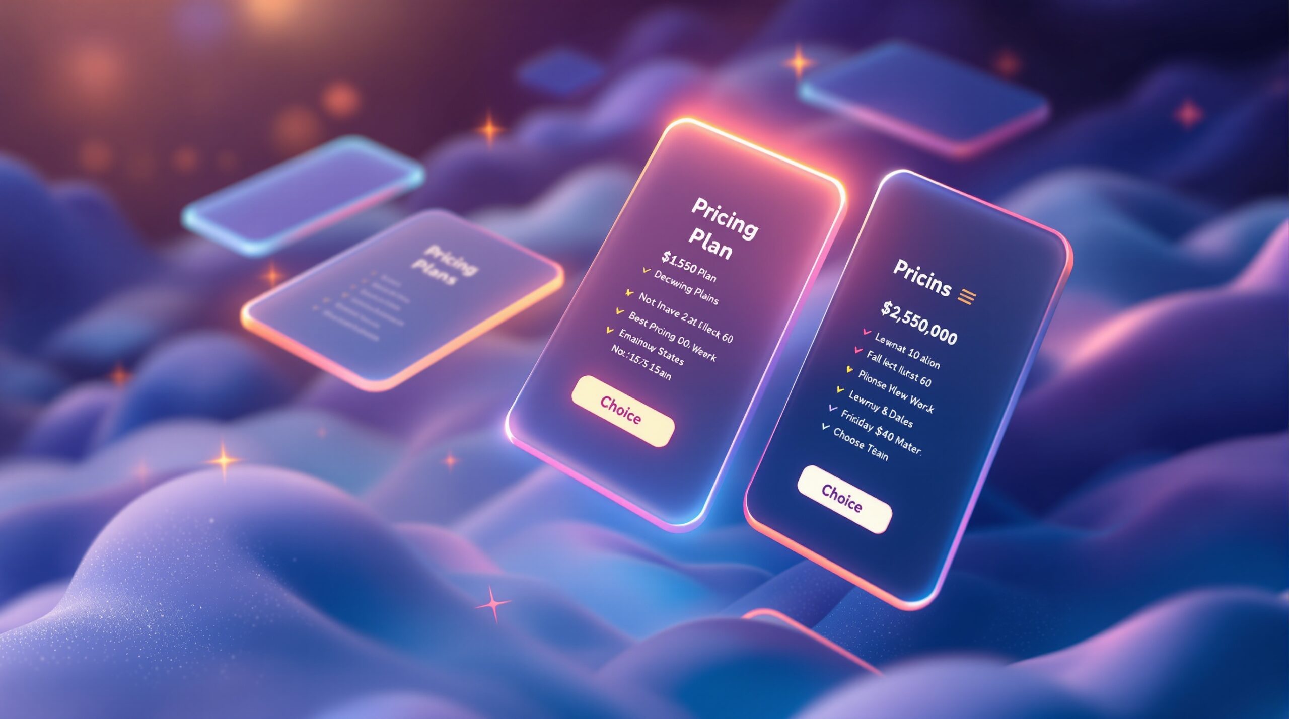 워드프레스닷컴 가격 플랜별 특징과 비용을 시각적으로 비교하는 그래픽 이미지. 각 플랜 카드가 선택지를 나타내며, 최적의 플랜을 고르는 과정을 표현합니다.