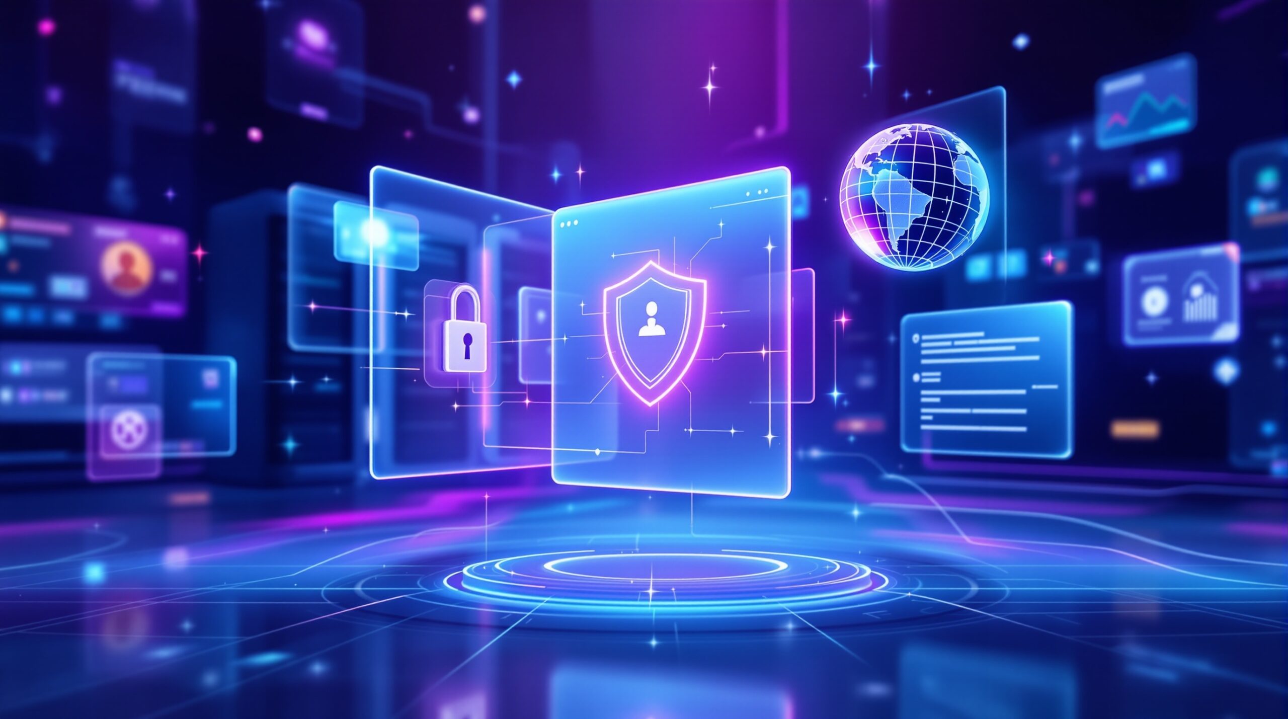 어두운 배경에 보라색과 파란색 그라데이션이 적용된 유리 패널 안에 서버 랙, 네트워크 케이블, 보안 방패 아이콘, 그리고 1.1.1.1 with WARP를 상징하는 지구본이 떠 있는 모습.