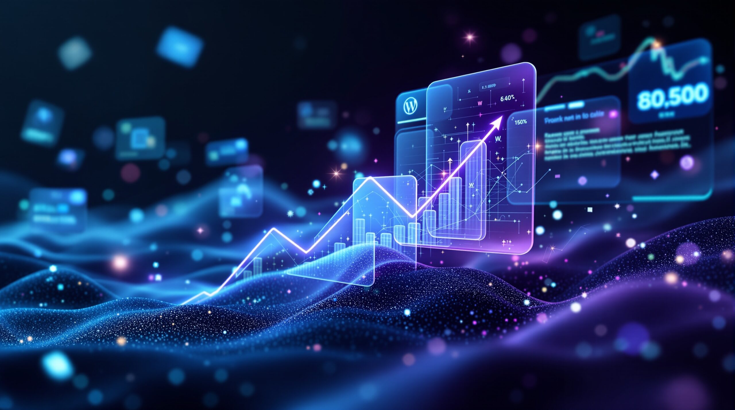 워드프레스닷컴 SEO 전략을 시각적으로 표현한 추상적인 이미지입니다. 디지털 웹사이트 요소와 검색 엔진 최적화 그래프, 성장하는 네트워크가 조화롭게 어우러져 있습니다.