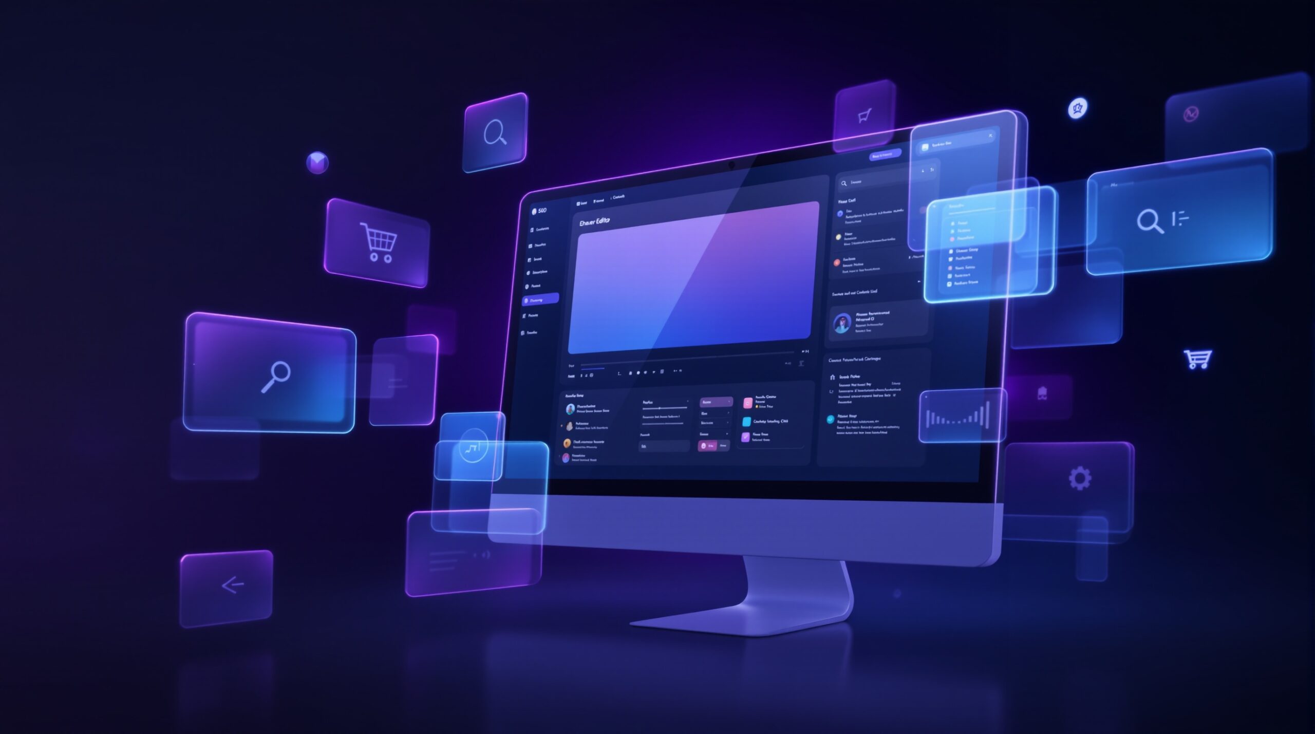 컴퓨터 화면에 웹사이트 제작 플랫폼 에디터가 보이고, 드래그 앤 드롭 아이콘, 돋보기, 쇼핑 카트 아이콘이 떠 있는 이미지