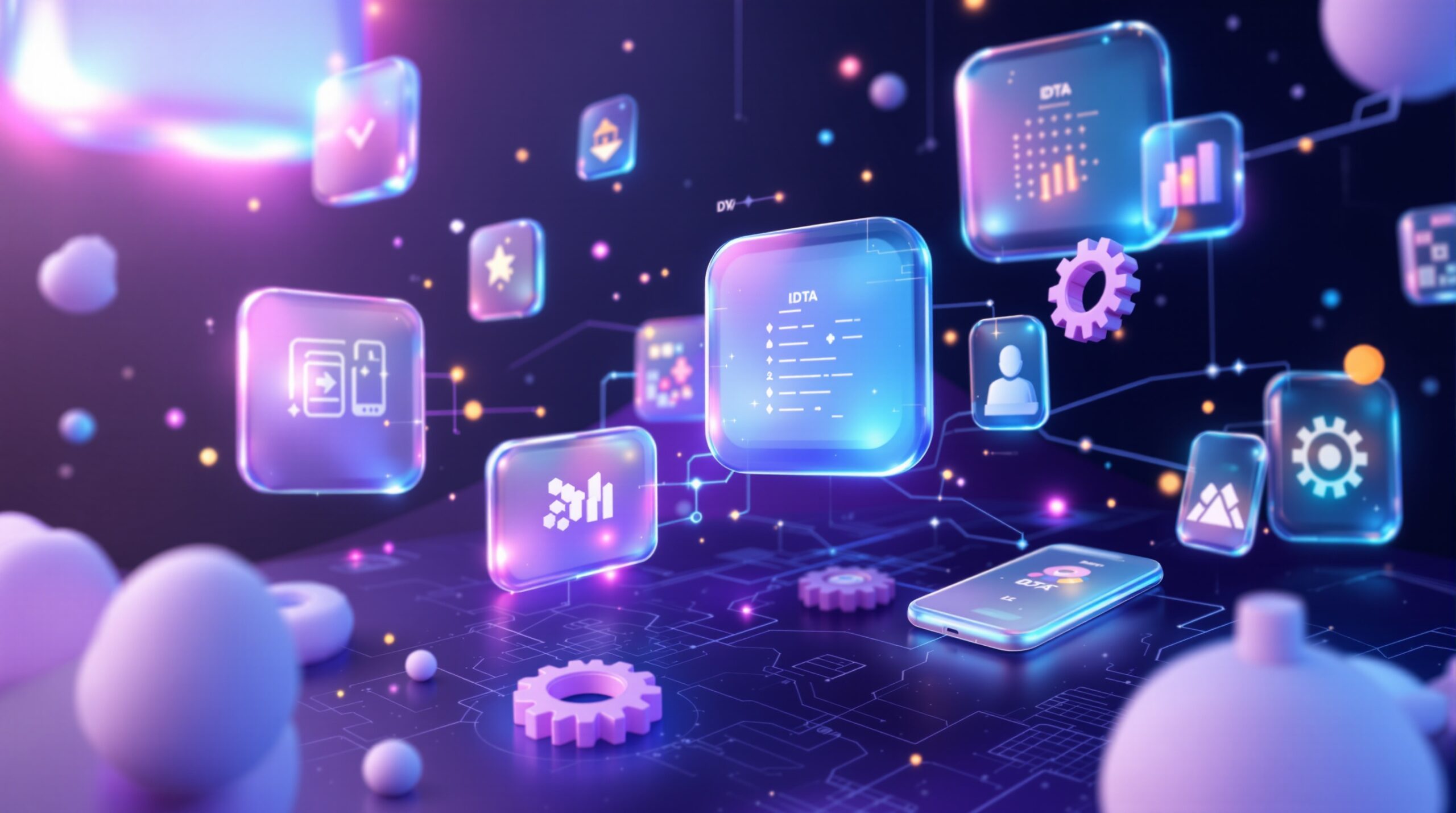 어두운 배경에 보라색과 파란색 그라데이션이 어우러진 n8n 자동화 워크플로우를 상징하는 유리 패널과 데이터 노드, 톱니바퀴 이미지.