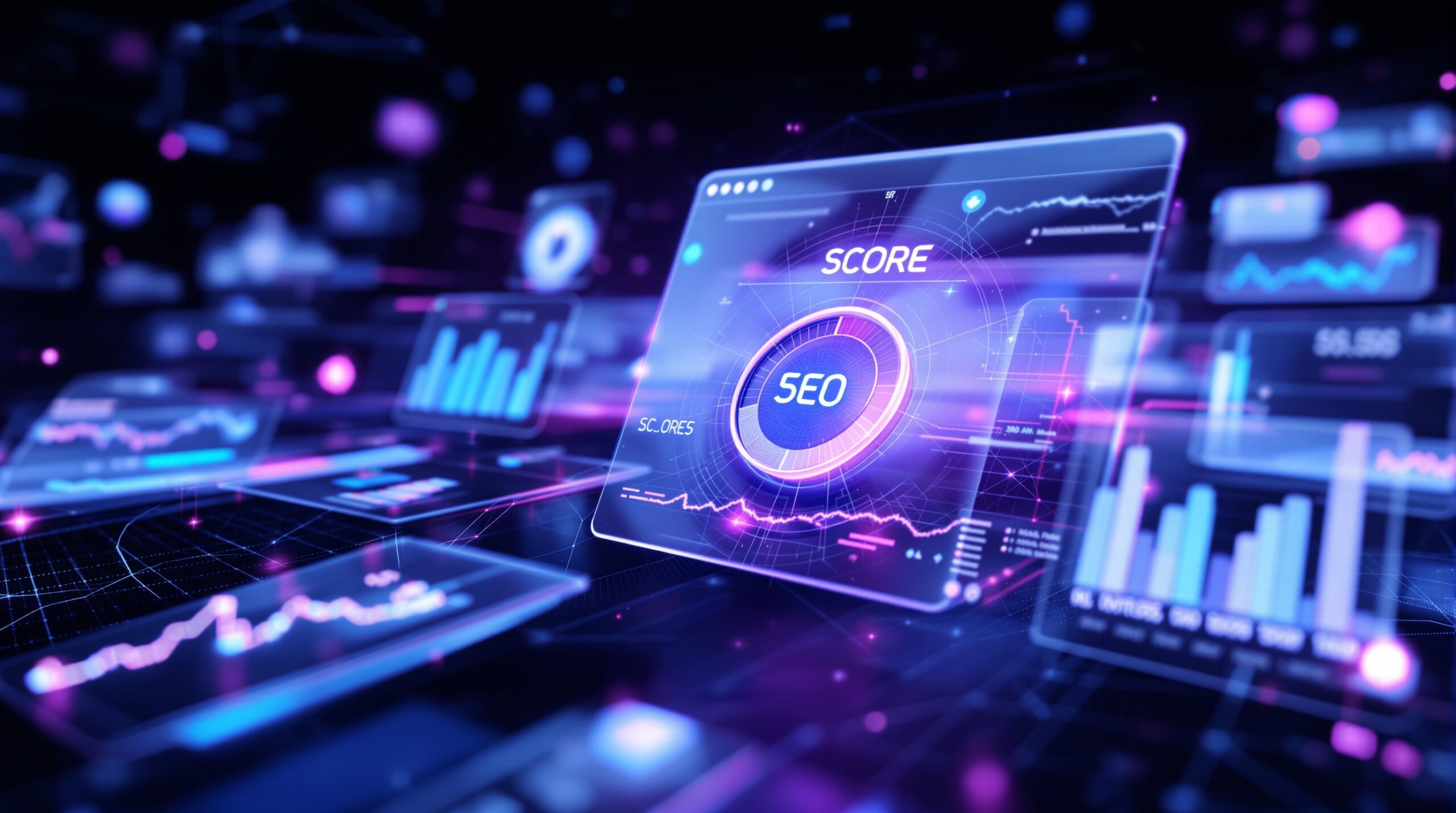 디지털 대시보드에 Rank Math SEO 점수와 다양한 검색 엔진 최적화 지표 그래프가 표시되어 있고, 돋보기가 데이터를 분석하는 모습입니다. 웹사이트의 실제 검색 순위 상승을 위한 전략을 시각적으로 보여줍니다.