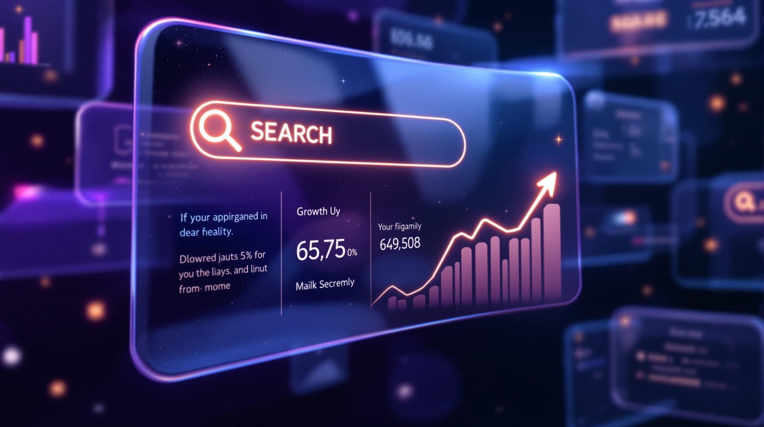 어두운 배경에 보라색과 파란색 빛이 감도는 유리 패널들이 떠 있고, 그 위에 검색창 아이콘과 상승 그래프, 그리고 숫자들이 투명하게 빛나는 모습.